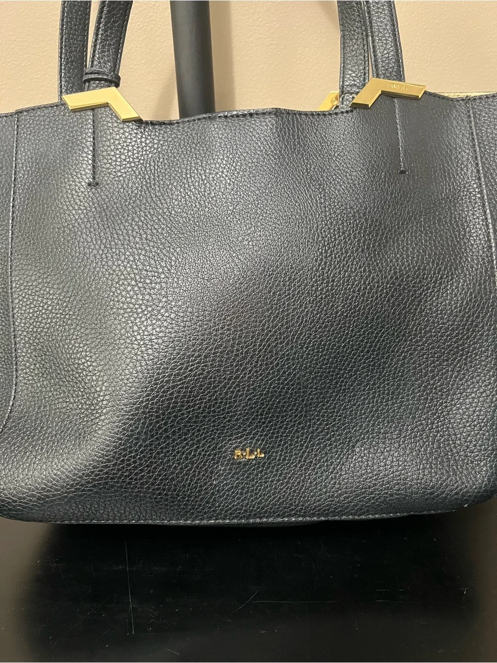 Lauren Ralph Lauren Arcadia Black Pebbled Leather Tote with Gold Accents